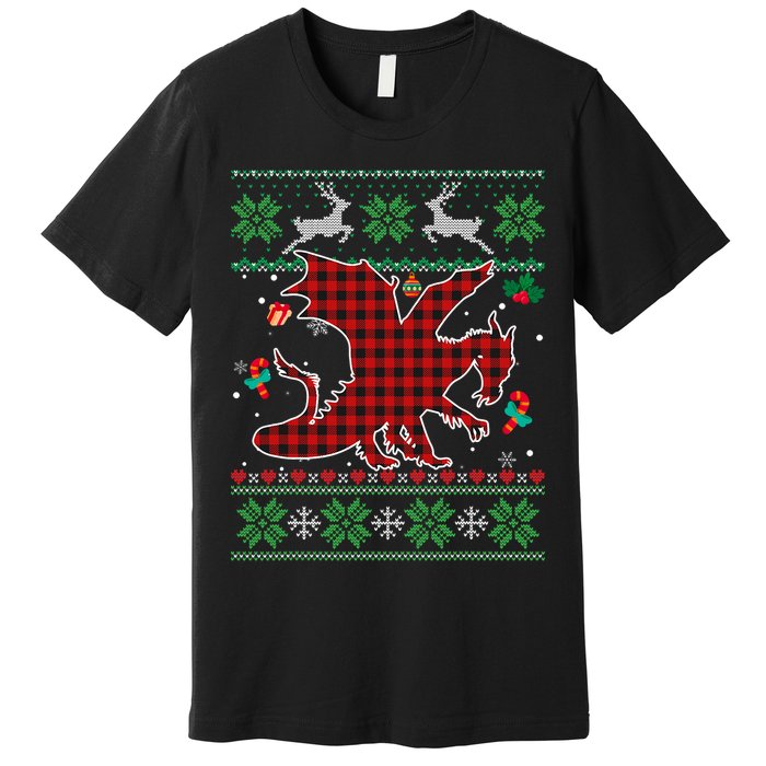 Funny Dragon Red Plaid Christmas Ugly Animals Lover Xmas Premium T-Shirt