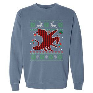 Funny Dragon Red Plaid Christmas Ugly Animals Lover Xmas Garment-Dyed Sweatshirt