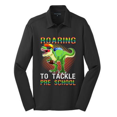 Funny Dinosaur Roaring To Tackle Pre School T Rex Squad Gift Silk Touch Performance Long Sleeve Polo