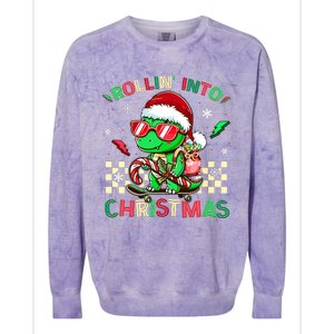 Funny Dinosaur Rollin Into Christmas Xmas Santa Boy Colorblast Crewneck Sweatshirt