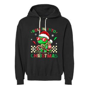 Funny Dinosaur Rollin Into Christmas Xmas Santa Boy Garment-Dyed Fleece Hoodie