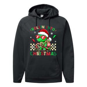 Funny Dinosaur Rollin Into Christmas Xmas Santa Boy Performance Fleece Hoodie