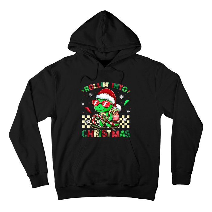 Funny Dinosaur Rollin Into Christmas Xmas Santa Boy Hoodie