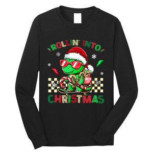 Funny Dinosaur Rollin Into Christmas Xmas Santa Boy Long Sleeve Shirt