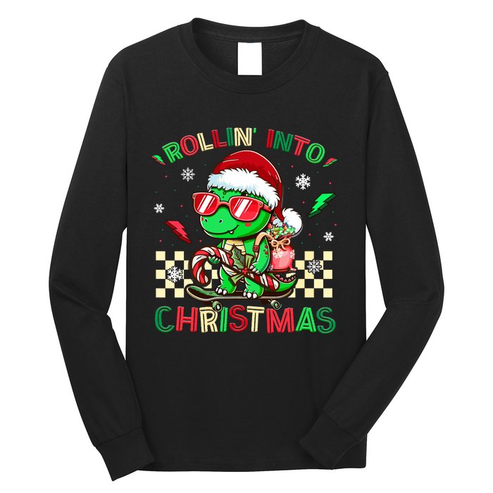 Funny Dinosaur Rollin Into Christmas Xmas Santa Boy Long Sleeve Shirt