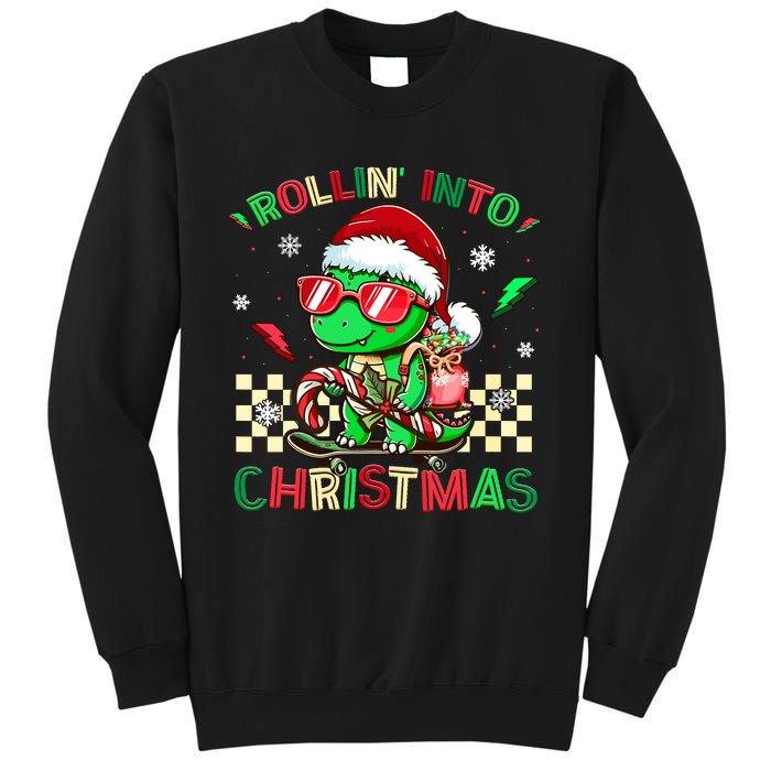 Funny Dinosaur Rollin Into Christmas Xmas Santa Boy Sweatshirt