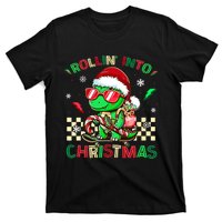 Funny Dinosaur Rollin Into Christmas Xmas Santa Boy T-Shirt