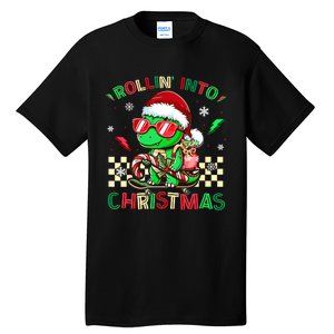 Funny Dinosaur Rollin Into Christmas Xmas Santa Boy Tall T-Shirt