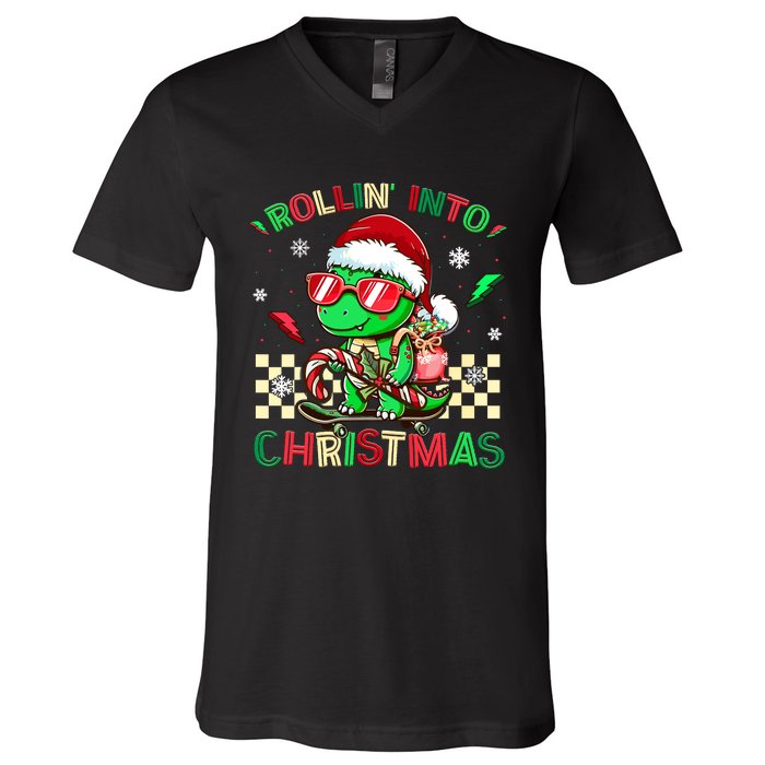 Funny Dinosaur Rollin Into Christmas Xmas Santa Boy V-Neck T-Shirt