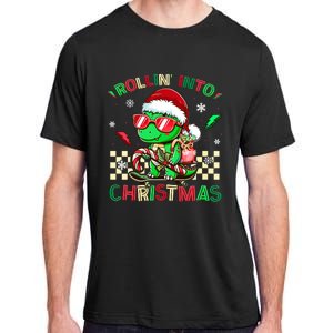 Funny Dinosaur Rollin Into Christmas Xmas Santa Boy Adult ChromaSoft Performance T-Shirt