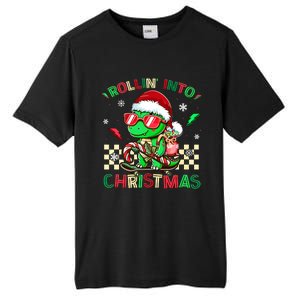 Funny Dinosaur Rollin Into Christmas Xmas Santa Boy Tall Fusion ChromaSoft Performance T-Shirt