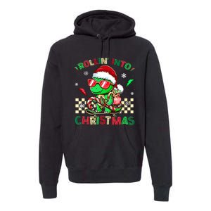 Funny Dinosaur Rollin Into Christmas Xmas Santa Boy Premium Hoodie