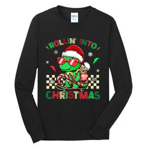 Funny Dinosaur Rollin Into Christmas Xmas Santa Boy Tall Long Sleeve T-Shirt