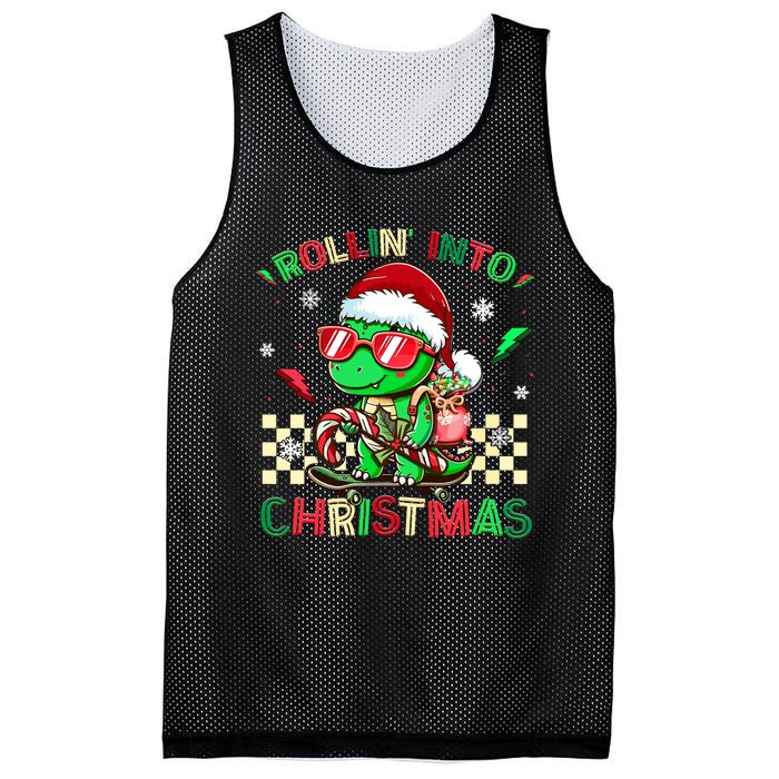 Funny Dinosaur Rollin Into Christmas Xmas Santa Boy Mesh Reversible Basketball Jersey Tank