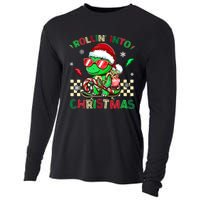 Funny Dinosaur Rollin Into Christmas Xmas Santa Boy Cooling Performance Long Sleeve Crew