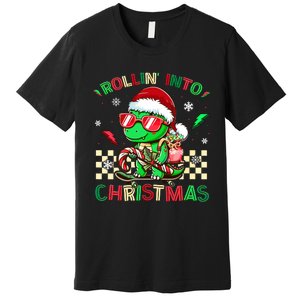 Funny Dinosaur Rollin Into Christmas Xmas Santa Boy Premium T-Shirt