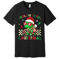 Funny Dinosaur Rollin Into Christmas Xmas Santa Boy Premium T-Shirt