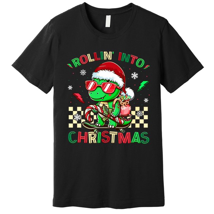 Funny Dinosaur Rollin Into Christmas Xmas Santa Boy Premium T-Shirt