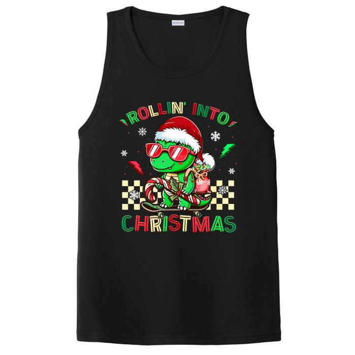 Funny Dinosaur Rollin Into Christmas Xmas Santa Boy PosiCharge Competitor Tank