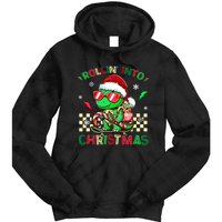 Funny Dinosaur Rollin Into Christmas Xmas Santa Boy Tie Dye Hoodie