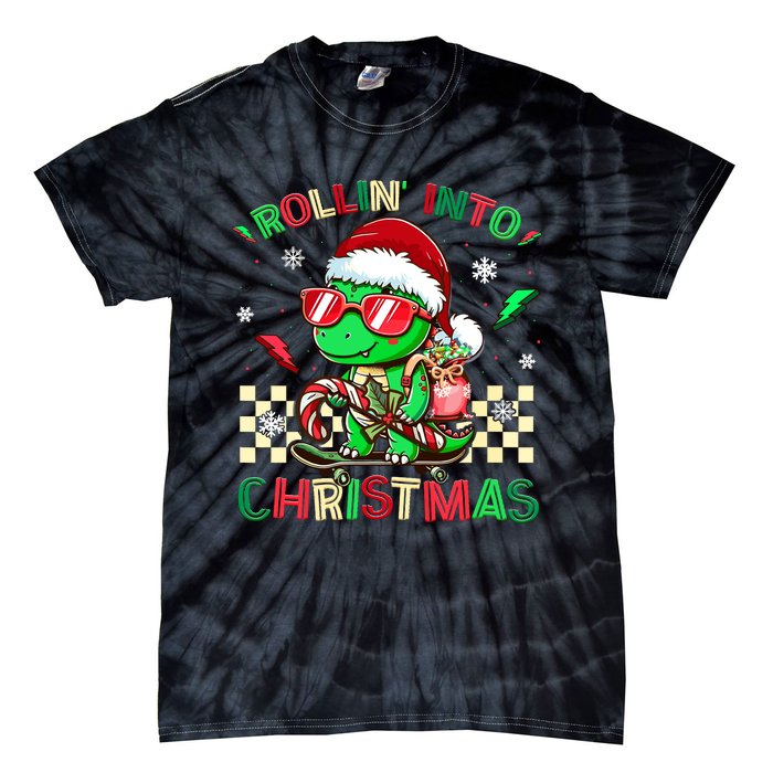 Funny Dinosaur Rollin Into Christmas Xmas Santa Boy Tie-Dye T-Shirt