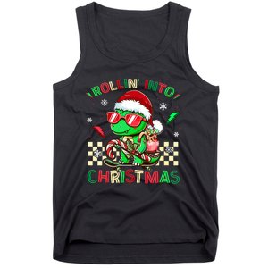 Funny Dinosaur Rollin Into Christmas Xmas Santa Boy Tank Top