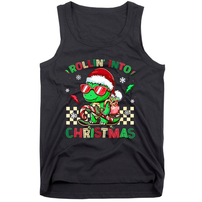 Funny Dinosaur Rollin Into Christmas Xmas Santa Boy Tank Top