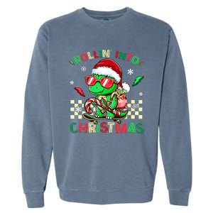 Funny Dinosaur Rollin Into Christmas Xmas Santa Boy Garment-Dyed Sweatshirt