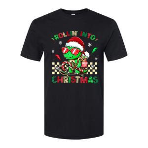 Funny Dinosaur Rollin Into Christmas Xmas Santa Boy Softstyle CVC T-Shirt