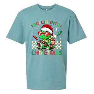 Funny Dinosaur Rollin Into Christmas Xmas Santa Boy Sueded Cloud Jersey T-Shirt