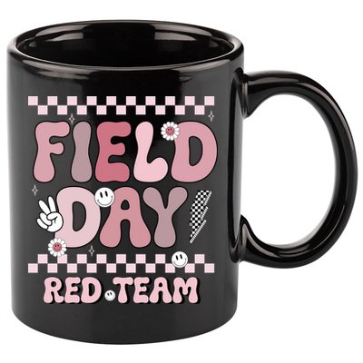 Field Day Red Team Groovy Smile Face Checkered Students 11oz C Handle Ceramic Mug