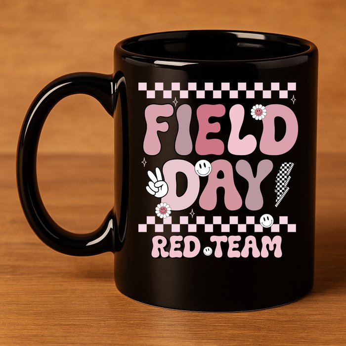 Field Day Red Team Groovy Smile Face Checkered Students 11oz C Handle Ceramic Mug