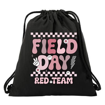 Field Day Red Team Groovy Smile Face Checkered Students Drawstring Bag