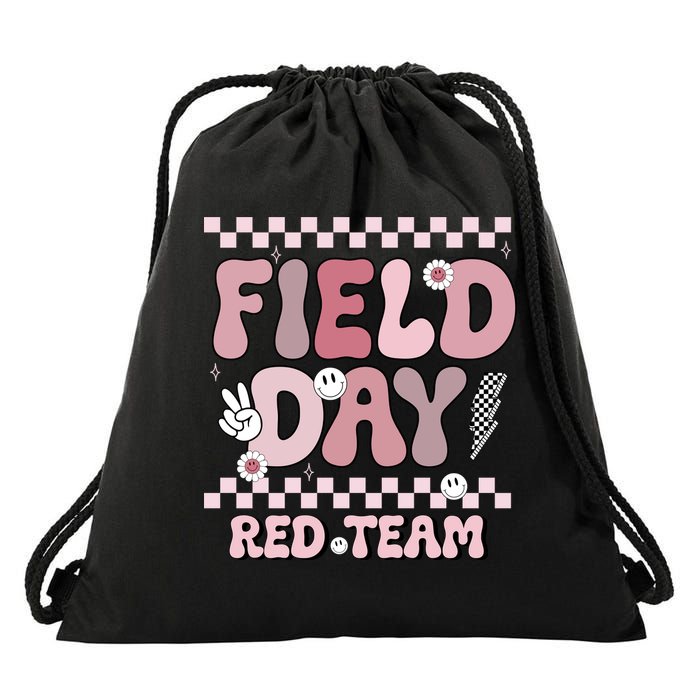 Field Day Red Team Groovy Smile Face Checkered Students Drawstring Bag