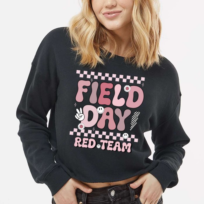 Field Day Red Team Groovy Smile Face Checkered Students Cropped Pullover Crew