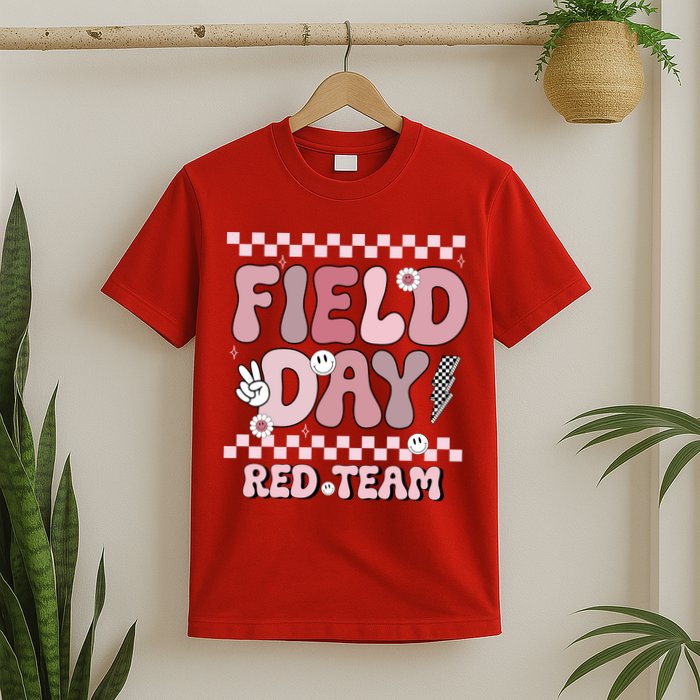 Field Day Red Team Groovy Smile Face Checkered Students T-Shirt