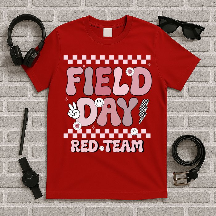 Field Day Red Team Groovy Smile Face Checkered Students T-Shirt
