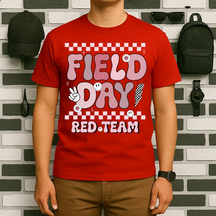Field Day Red Team Groovy Smile Face Checkered Students T-Shirt
