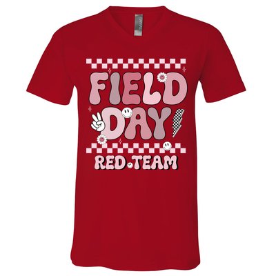 Field Day Red Team Groovy Smile Face Checkered Students V-Neck T-Shirt
