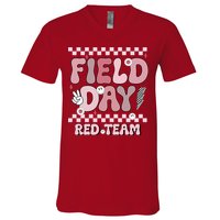 Field Day Red Team Groovy Smile Face Checkered Students V-Neck T-Shirt
