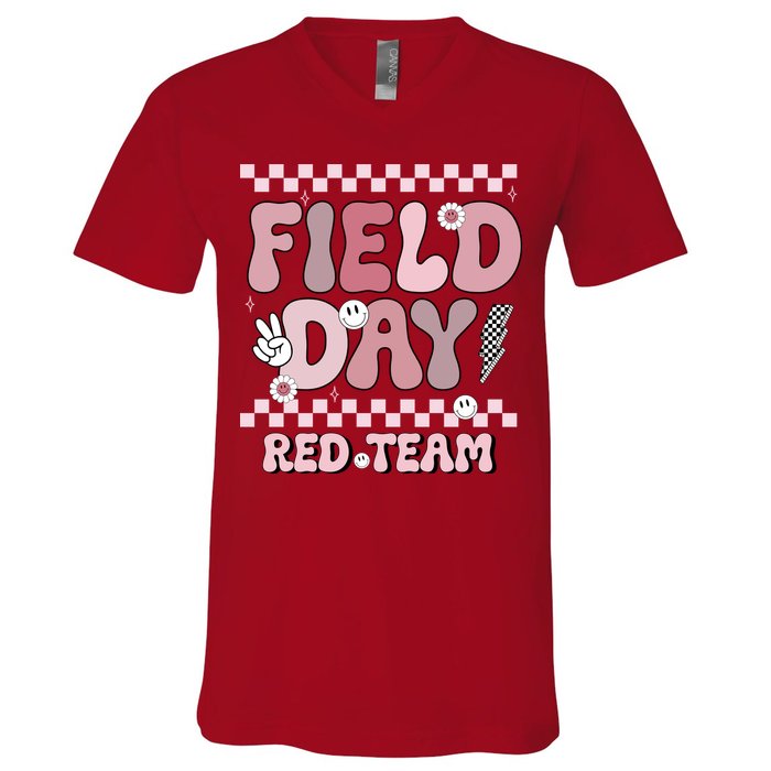Field Day Red Team Groovy Smile Face Checkered Students V-Neck T-Shirt