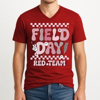 Field Day Red Team Groovy Smile Face Checkered Students V-Neck T-Shirt