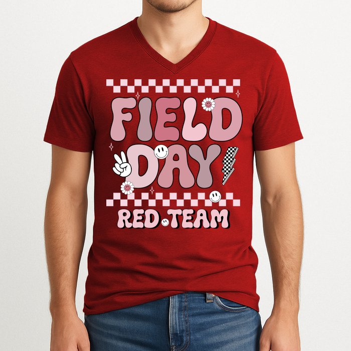 Field Day Red Team Groovy Smile Face Checkered Students V-Neck T-Shirt