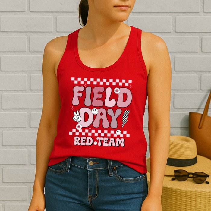 Field Day Red Team Groovy Smile Face Checkered Students Womens Tank Top