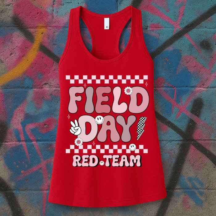 Field Day Red Team Groovy Smile Face Checkered Students Womens Tank Top