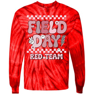 Field Day Red Team Groovy Smile Face Checkered Students Tie-Dye Long Sleeve Shirt