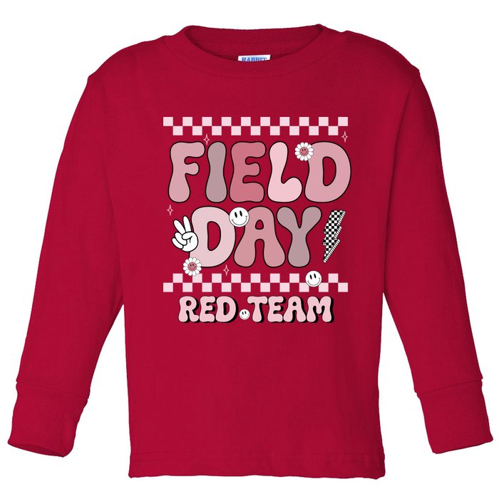 Field Day Red Team Groovy Smile Face Checkered Students Toddler Long Sleeve Shirt