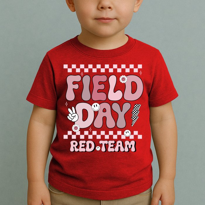 Field Day Red Team Groovy Smile Face Checkered Students Toddler T-Shirt