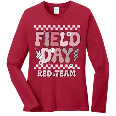 Field Day Red Team Groovy Smile Face Checkered Students Ladies Long Sleeve Shirt