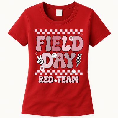 Field Day Red Team Groovy Smile Face Checkered Students Womens T-Shirt